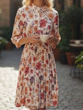 Zoya Pleated Floral 3/4 Sleeve Midi Dress